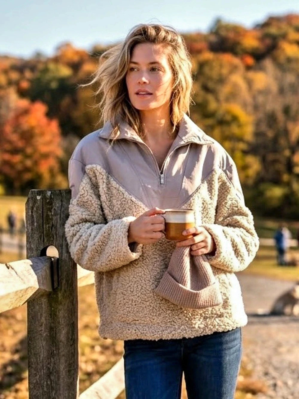 Mango MNG Mixed-Media Sherpa Teddy Half Zip Pullover in Beige Size Medium